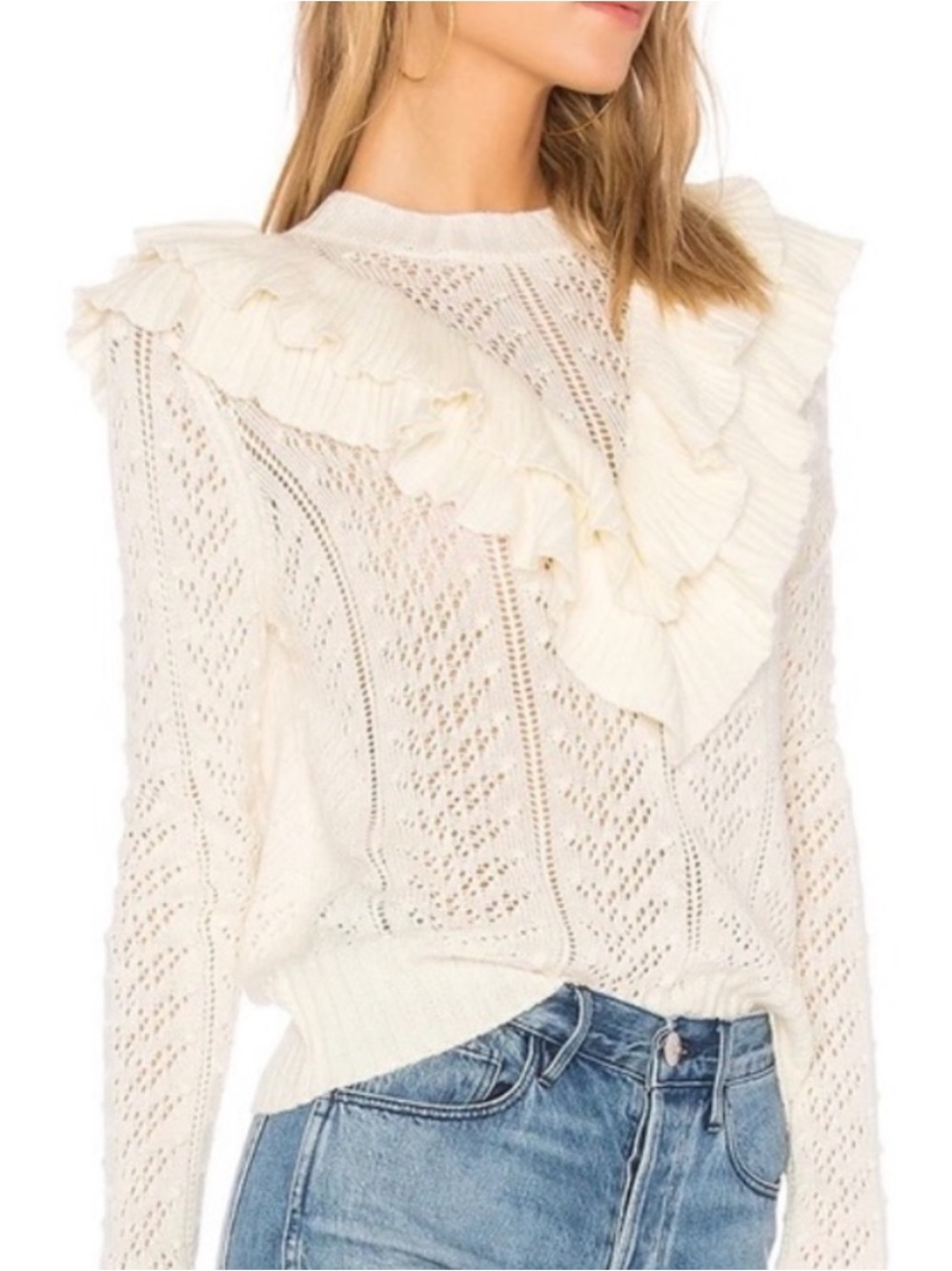Tularosa Manny Pointelle Ruffle Sweater in Ivory XS